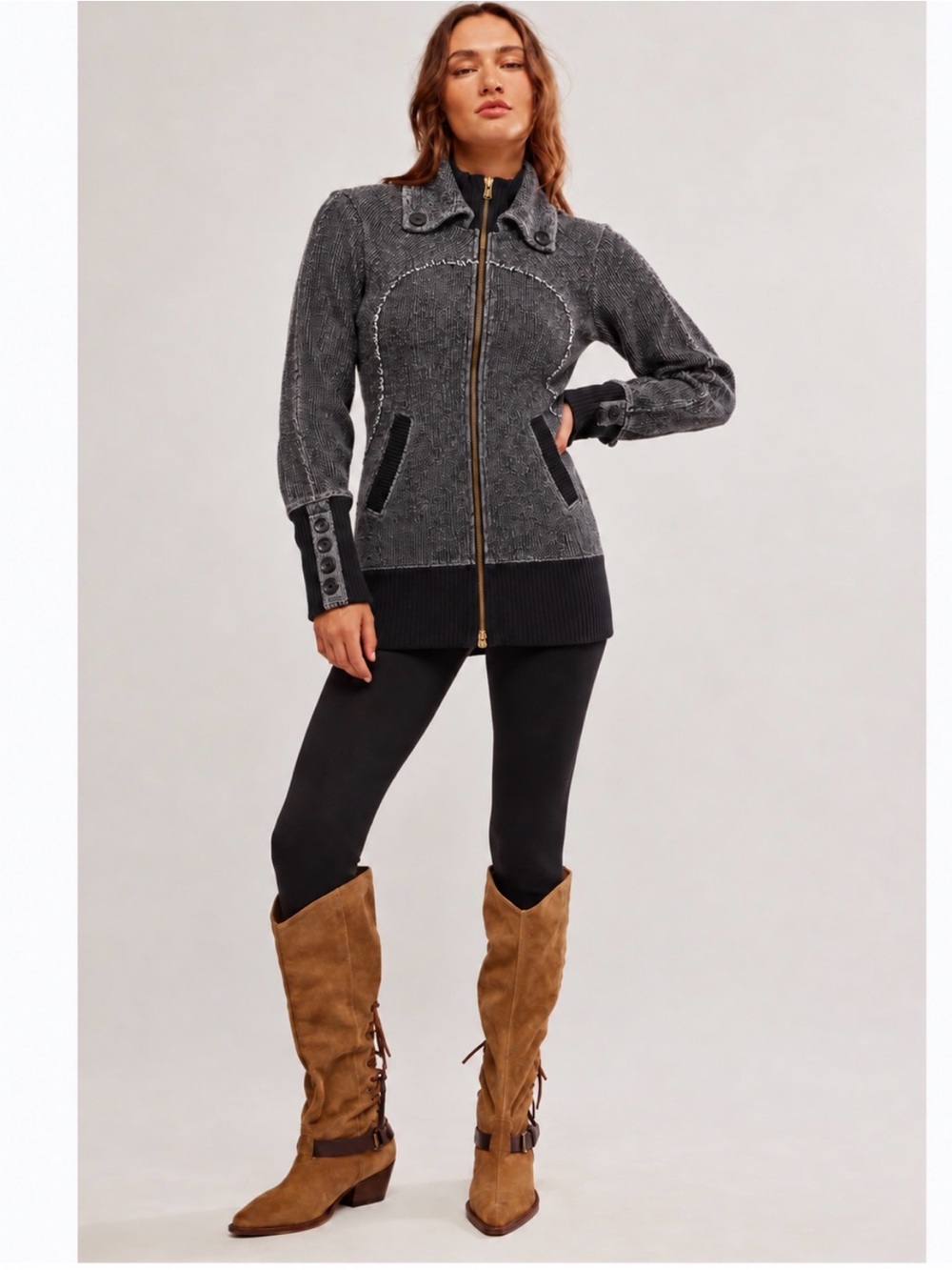 Free People FP One Mason Waffle Knit Zip Jacket Charcoal Black S